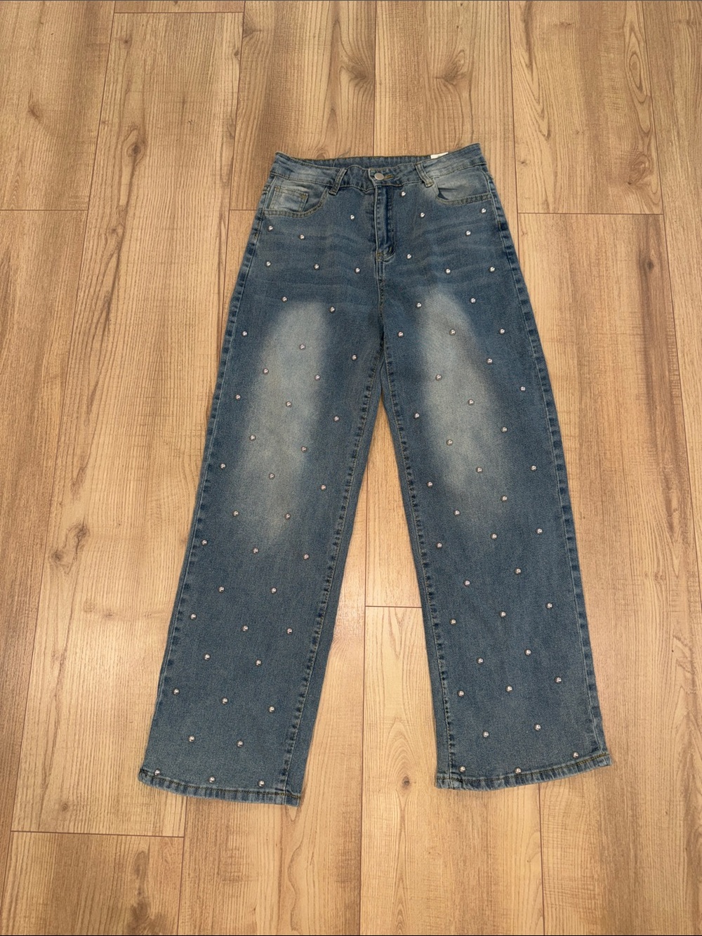 Embellished Blue High-Rise Straight Jeans
